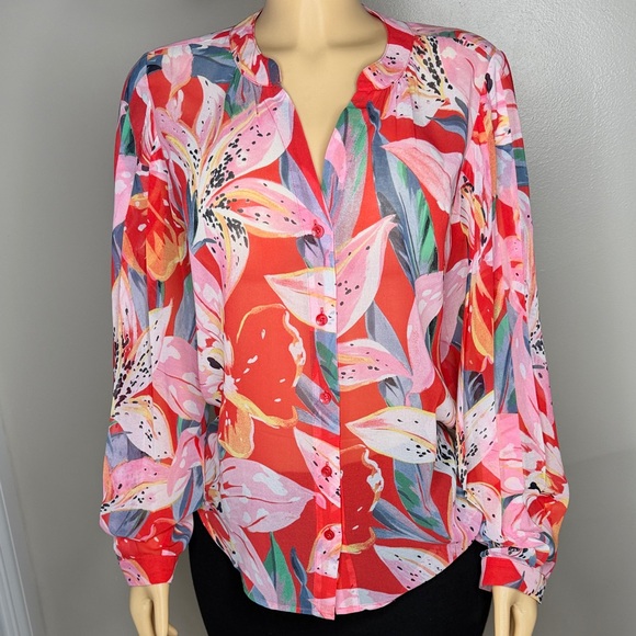 Chico's Vibrant Floral Blouse - Pink and Red Button Up - Picture 2 of 16